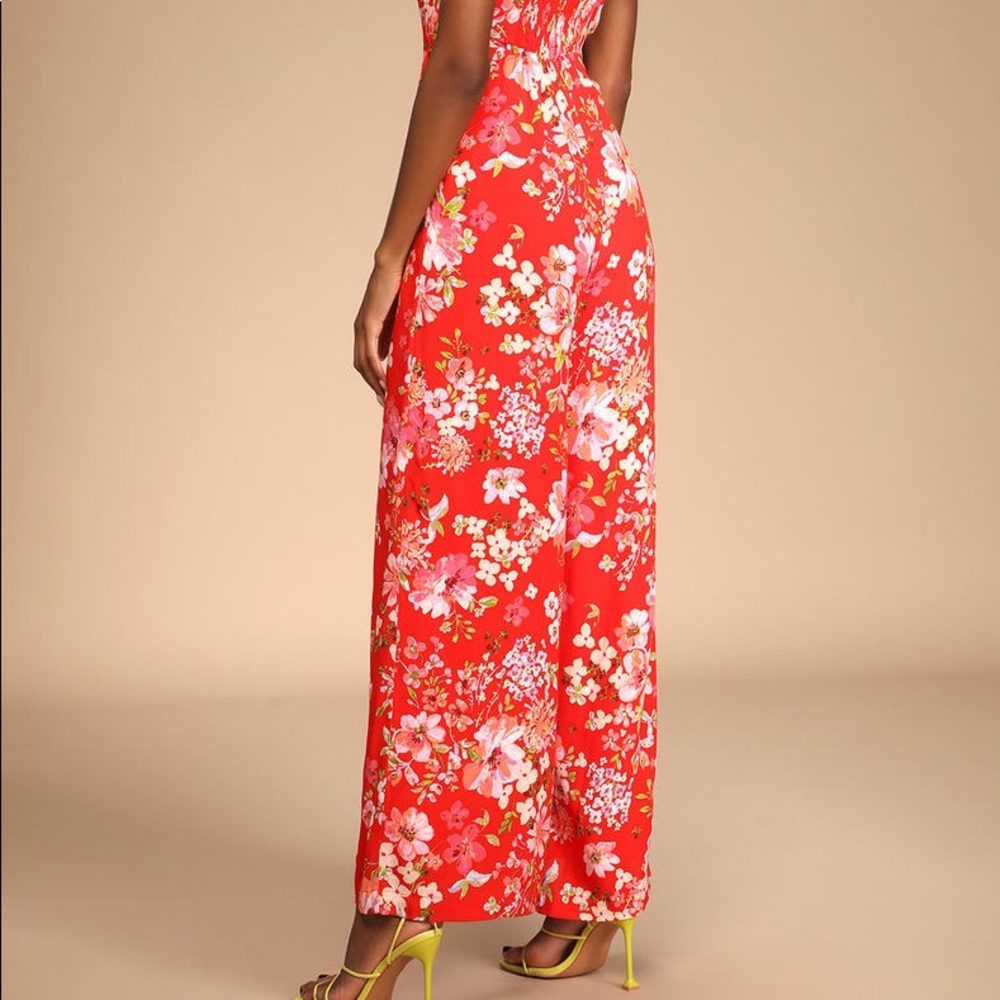 Red Floral Print Tie-Strap Jumpsuit - Picture 2 of 4